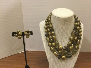Vintage Signed Hattie Carnegie Bronze Swirls Bead Necklace & Earrings Set C52