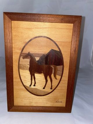 Hudson River Wood Inlay Picture In Frame By Nelson - Horse & Barn -