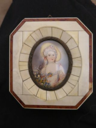 Antique Miniature Portrait Painting Mother Of Pearl Piano Key Frame Signed