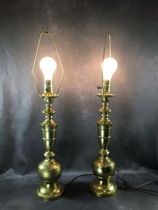 Vintage Pair Brass Hollywood Regency Trophy Urn Style Lamps -