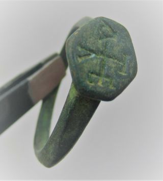 Ancient Byzantine Signet Ring With Monogram On Bezel 800 - 1000ad