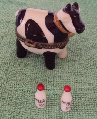Holstein Cow Porcelain Hinged Trinket Box W/ 2 Milk Bottles Inside