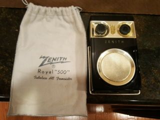 Vintage Zenith Owl Eye Royal " 500 " Tubeless 7 Transistor Radio & Bag.