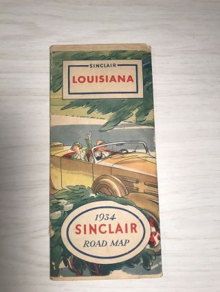 Rare Vintage 1934 Sinclair Louisiana Road Map Oil Gas Station Dino Sign Pump La