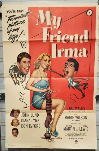 Vintage Poster 1949 My Friend Irma Dean Martin Jerry Lewis 1 - Sheet Rare