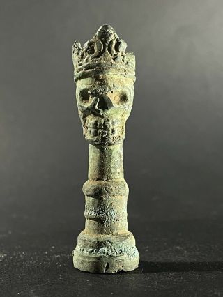 Ancient Luristan Bronze Idol Statuette Of Skull Wearing Crown - Very Rare 1000bc