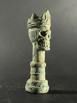 ANCIENT LURISTAN BRONZE IDOL STATUETTE OF SKULL WEARING CROWN - VERY RARE 1000BC 3
