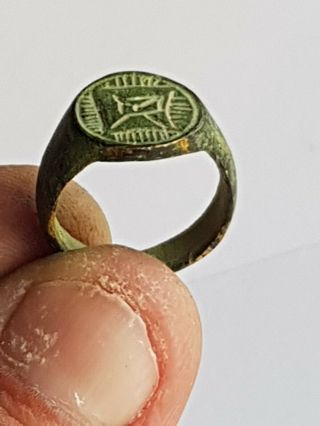 Rare Ancient Roman Military Bronze Seal Ring Intaglio.  5,  3 Gr.  17 Mm