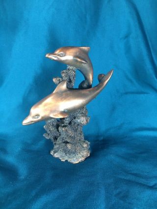 Dolphin Art Sculpture Figurine Brass Bronze On Coral Nautical Beach Decor