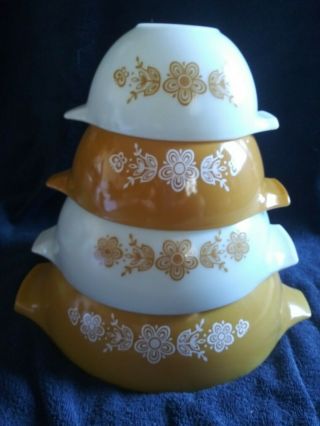 Vintage Pyrex Butterfly Gold Set Of 4 Cinderella Nesting Bowls 441 442 443 444