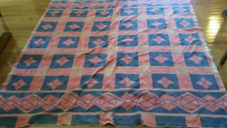 Vintage Double Length Camp Blanket Long Rare Uncut 69” X 144” Coral Blue Pattern