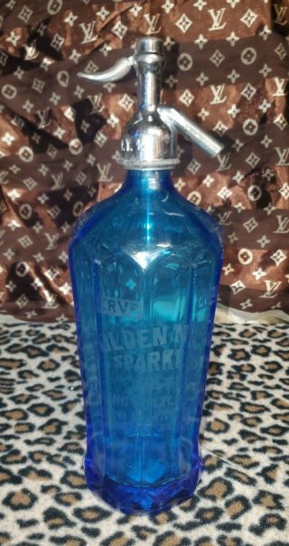 Vintage Blue Seltzer Bottle " Golden Nugget Sparkling Water " M.  Babad & Son