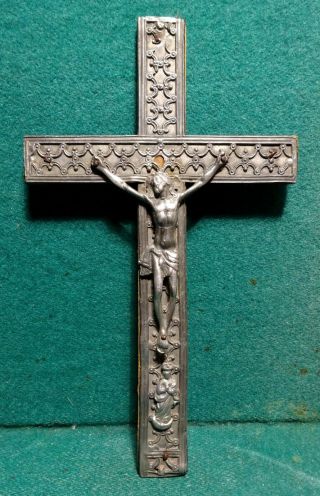 Antique 19th Wood & Metal Wall Crucifix Cross W/ Virgin Mary 195mm