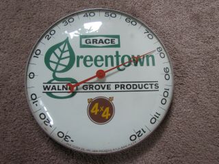 Vintage Grace Greentown Walnut Grove 4x4 Feed Pam Clock Thermometer Glass 12 "