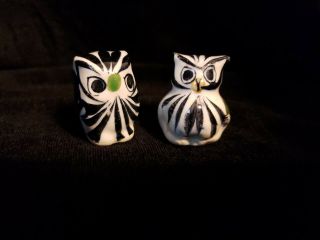 2 Miniature Hand Painted Glazed Ceramic Folk Art Owl Figurines Made In Mexico