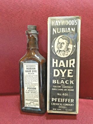Antique Medicine Bottle Quack: Haywood’s Nubian Hair Dye,  Contents,  Orig Cork.  Ad