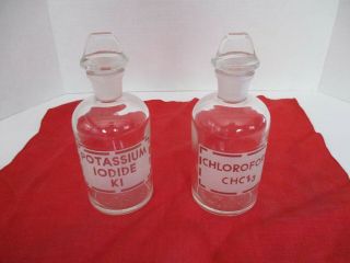 Pair Pyrex Glass Apothecay Bottles Chloroform & Potassium Iodide S - 19 Stoppers