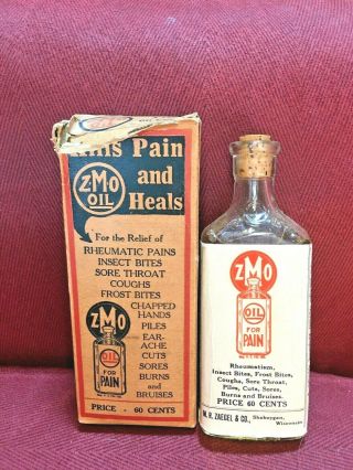 Antique Medicine Bottle Quack: Z.  M.  O.  Oil,  Kills Pain,  Contents,  Embossed Neck.