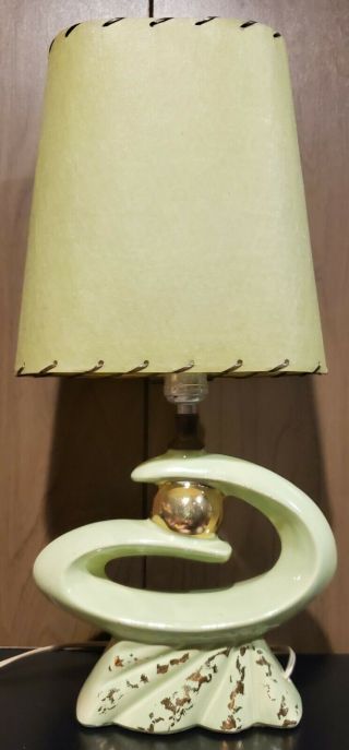 Vintage Mcm Atomic Table Lamp Green Gold With Fiberglass Shade