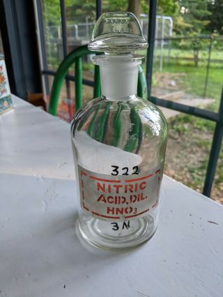 Vintage Chemist Pyrex Nitric Acid,  Dil Hno3 Glass Bottle With Glass Stopper