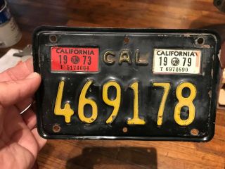 Vintage California Ca Motorcycle License Plate Black & Yellow 1979 1973 Sticker