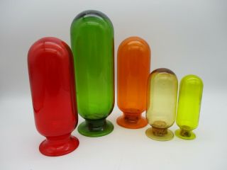 Set Of 5 Colorful Antique Apothecary Bottles,  Glass Inverted Show Globes Pharma