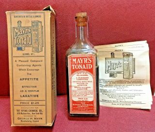Antique Medicine Bottle Quack: Mayr’s Tonaid,  Full Contents,  Cork,  Box,  Ad.