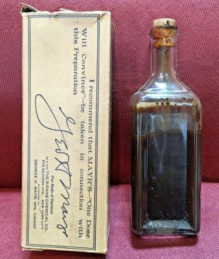 Antique Medicine Bottle Quack: Mayr’s Tonaid,  Full Contents,  Cork,  Box,  Ad. 2