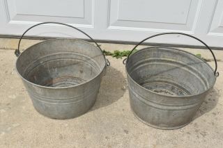 Set Of 2 Vintage Galvanized Steel Pail Chore Bucket W/ Handle Rustic Farmhouse