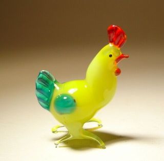 Blown Glass Figurine Small Yellow And Blue Bird Chicken Rooster Hen