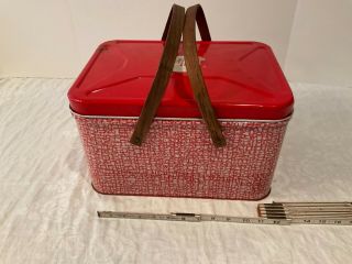 Vintage Metal Picnic Basket With Wood Handles Decoware Red White Rusty Rust Rare