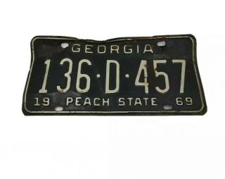 Vintage 1969 State Of Georgia Peach State License Plate Tag Black 136.  D.  457