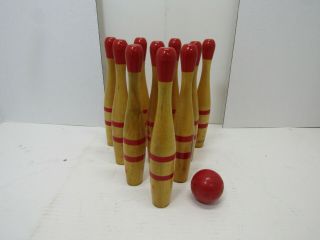 Old Vintage Mini Wood - Wooden 10 Bowling Pins Red Stripe 1 Red Ball Sport