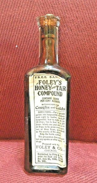Antique Medicine Bottle Quack: Foley’s Honey & Tar Cpd For Coughs & Colds Sample
