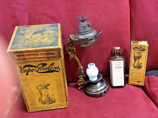 Antique Medicine Quack:ornate Vaporizer For Cough,  Etc W/ Full Bottle,  Inhalation.