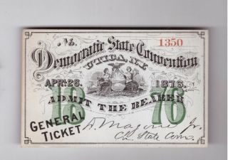 1876 Ny State Democratic Presidential Convention Ticket Samuel Tilden