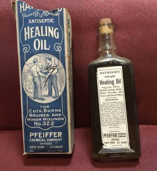 Antique Medicine Bottle Quack: Haywood’s Healing Oil,  Contents,  Factory Scene.