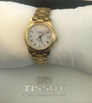 Vintage Tissot 1853 Pr50 Stainless Steel Gold Ladies Watch Quickset Date Roman