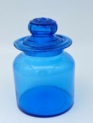 Takahashi Blue Apothecary Jar Hand Blown Glass Daisy Top Lid Canister