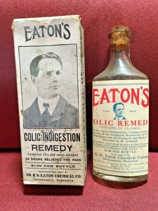 Antique Medicine Bottle Quack: Eaton’s Colic Med,  Full Contents,  1906 Drug Info.
