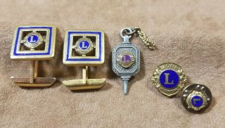 Vintage Lions Club International Cufflinks & Pin Set & Key Pendant