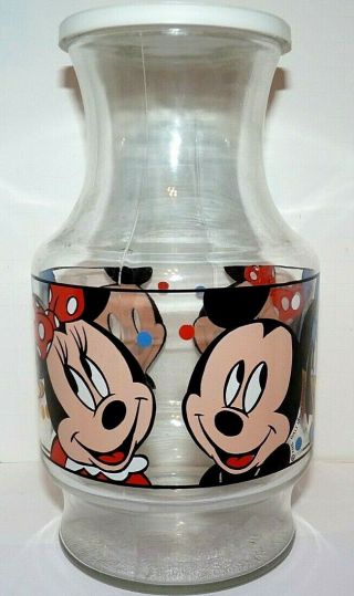 Disney Juice Jar Mickey Mouse Minnie Donald Duck With Lid Glass 8 3/4 "