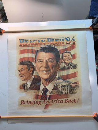 1984 Ronald Reagan George Bush President Bringing America Back Campaign Poster