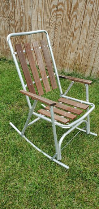 Vintage Redwood Slat Folding Tall High Back Rocking Lawn Chair Aluminum Frame