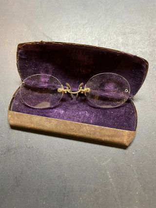 Antique Pince - Nez Style Spectacles With Case - Vintage Collectible Rare