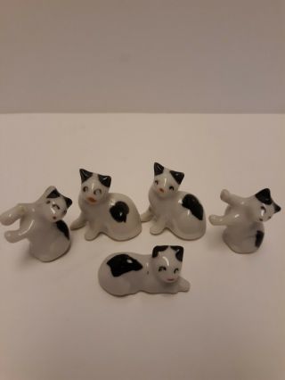 Vintage Miniature Porcelain Black & White Cats Made In Japan Qty 5