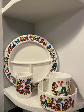 Vintage 4 Piece Disney Mickey Mouse Kids Dinnerware Set: Plate Bowl Cup Mugs