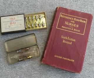 Antique Nursing Book,  Antique Becton - Dickinson Syringe In Case With Yale Needles