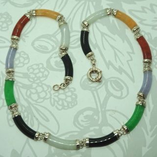 Vintage Sterling Silver Multi Color Jade Onyx Gemstone Curved Link Necklace 19 "