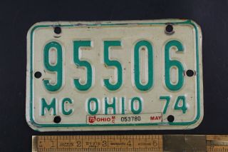Vintage 1974 Ohio Motorcycle License Plate 95506 With 1975 Sticker